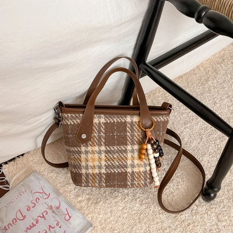 Vintage Damen Tweed Eimertasche Mit Karomuster Große Kapazität Schulter Umhängetasche Mit Holzperlen Anhänger