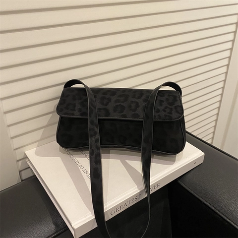 Bolso Baguette Con Estampado De Leopardo Acabado De Ante Bolso De Hombro Para Axila Con Solapa Magnética Moda Retro Para Mujeres