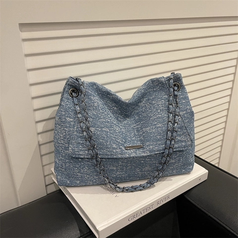 Sac Fourre-tout en Denim pour Femmes Grande Capacité Chaîne Sac à Bandoulière Décontracté Mode Étudiants Dames Quotidien Sac à Main