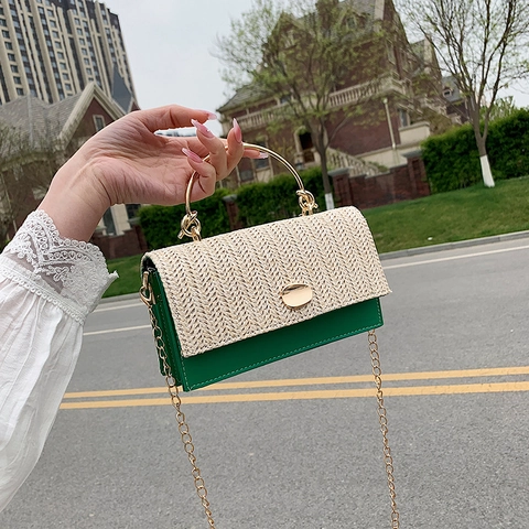 Women Small Woven Straw Square Bag PU Leather Patchwork With Gold Metal Handle And Chain Shoulder Strap