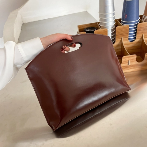 Borsa A Mano Minimalista Da Donna Pelle PU Impugnatura Traforata Grande Pochette Retro Elegante Business Colore Solido