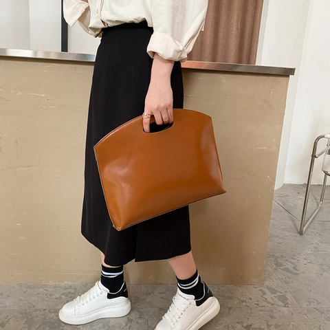 Borsa A Mano Minimalista Da Donna Pelle PU Impugnatura Traforata Grande Pochette Retro Elegante Business Colore Solido