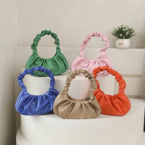 Women Pleated Ruched Handle Cloud Underarm Shoulder Bag PU Leather Fashion Solid Color Half Moon Hobo Purse