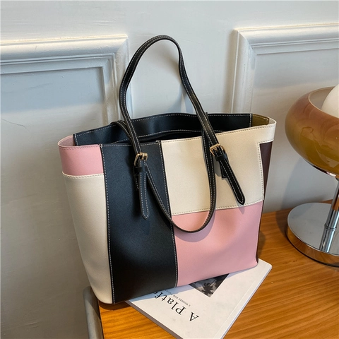 Borsa Tote Grande In Pelle PU Da Donna Blocchi Di Colore Geometrici Cuciture A Contrasto Borsa A Mano