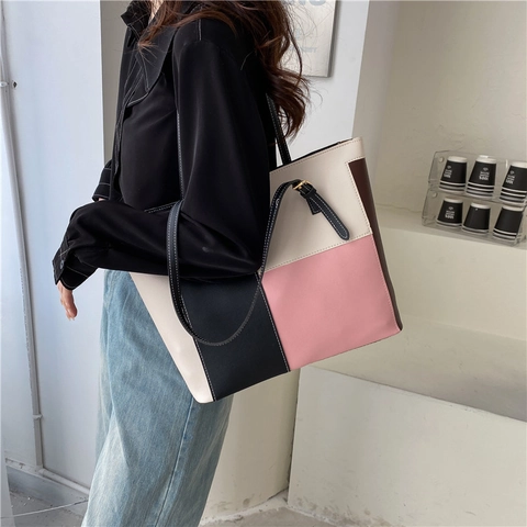 Borsa Tote Grande In Pelle PU Da Donna Blocchi Di Colore Geometrici Cuciture A Contrasto Borsa A Mano