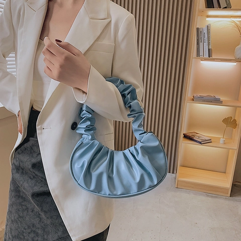 Geplooide Schoudertas PU Leer Wolk Handtas Met Scrunchie Riem Modieuze Minimalistische Okseltas Voor Dames