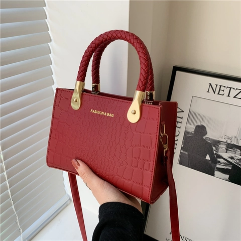 Damen Mode PU Leder Handtasche Mit Krokodil Prägung Geflochtener Griff Kleine Quadratische Umhängetasche Für Den Alltag