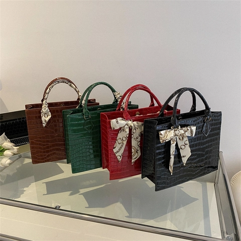 Borsa Tote Donna Retro Motivo Coccodrillo In Pelle PU Moda Borsa Grande Capacità Con Decorazione Sciarpa Di Raso