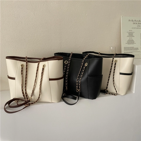 Bolso Tote De Cuero PU De Gran Capacidad Moda Color De Contraste Bolso De Hombro Con Correa De Cadena Bolsillos Laterales Para Mujer