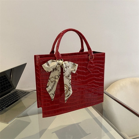 Borsa Tote Donna Retro Motivo Coccodrillo In Pelle PU Moda Borsa Grande Capacità Con Decorazione Sciarpa Di Raso