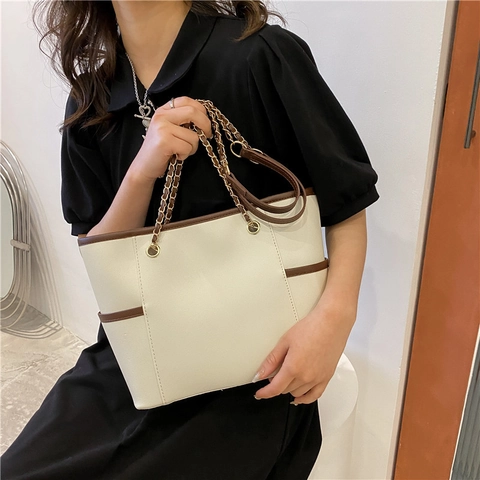 Bolso Tote De Cuero PU De Gran Capacidad Moda Color De Contraste Bolso De Hombro Con Correa De Cadena Bolsillos Laterales Para Mujer
