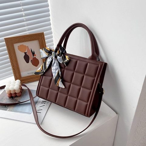 Quilted Square Shoulder Bag PU Leather Handheld Crossbody Women Elegant Fashion With Decorative Satin Scarf