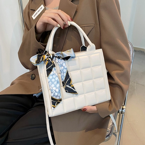 Quilted Square Shoulder Bag PU Leather Handheld Crossbody Women Elegant Fashion With Decorative Satin Scarf
