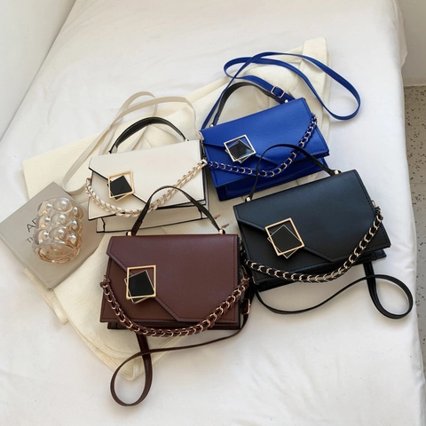 Women Fashion Shoulder Bag PU Leather Geometric Square Buckle Handbag Crossbody Bag With Chain Strap And Top Handle