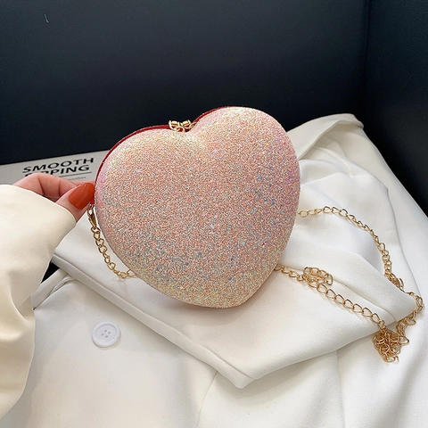 Sac À Bandoulière En Forme De Coeur Paillettes Cuir PU Chaîne Métallique Style Fête Doux Petit Sac À Épaule Femme