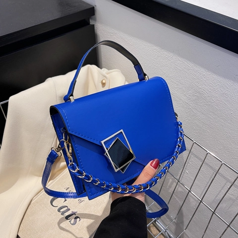 Women Fashion Shoulder Bag PU Leather Geometric Square Buckle Handbag Crossbody Bag With Chain Strap And Top Handle