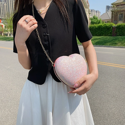 Sac À Bandoulière En Forme De Coeur Paillettes Cuir PU Chaîne Métallique Style Fête Doux Petit Sac À Épaule Femme