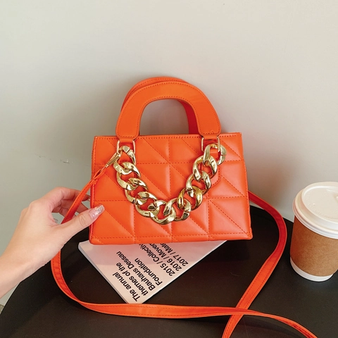 Women Fashion Rhombic Quilted Shoulder Bag With Thick Gold Chain PU Leather Small Square Crossbody Bag Trendy Satchel Purse