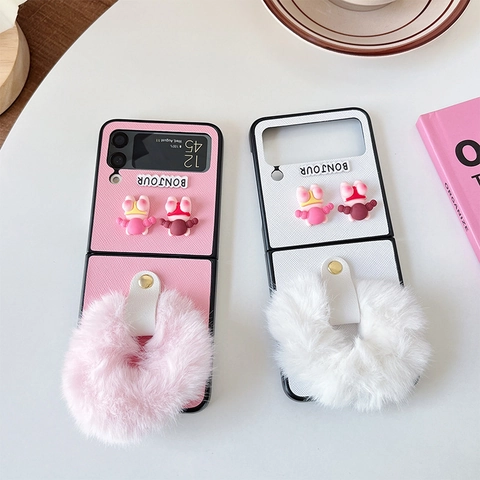 Cute Cartoon Swimming Girls Folding Phone Case For Samsung Z Flip With Plush Wristband Ring PU Leather Protective Cover