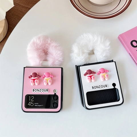 Cute Cartoon Swimming Girls Folding Phone Case For Samsung Z Flip With Plush Wristband Ring PU Leather Protective Cover