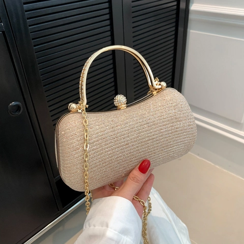 Women Evening Clutch Bag Glitter Sequin Metal Handle Rhinestone Ball Lock Detachable Chain Strap For Party Wedding