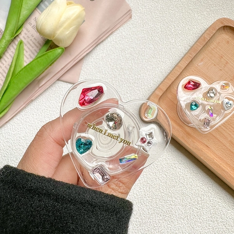 Soporte Griptok Para Teléfono Con Forma De Corazón Y Diamantes De Imitación Acrílico Transparente Plegable Con Gemas