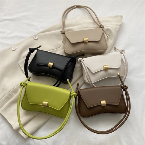 Damen PU Leder Baguette Tasche Retro Unterachsel Schulter Umhängetasche Quadratische Metallschnalle Knotengurt Minimalistisch