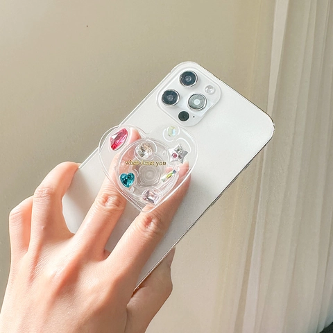 Soporte Griptok Para Teléfono Con Forma De Corazón Y Diamantes De Imitación Acrílico Transparente Plegable Con Gemas