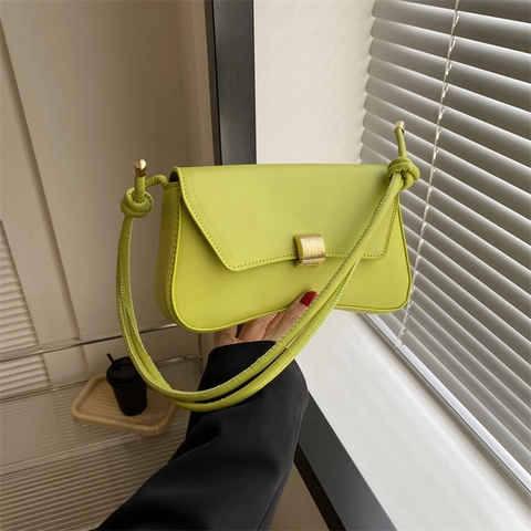 Women Baguette Shoulder Bag Minimalist Vintage PU Leather Underarm Bag With Curved Bottom Gold Metal Buckle Knot Strap