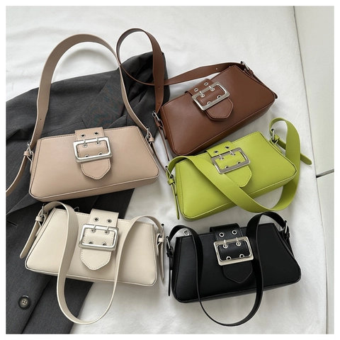 Retro PU Leather Underarm Bag For Women Minimalist Baguette Shoulder Bag With Large Silver Buckle Trendy Versatile Design