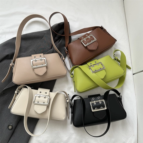 Retro PU Leather Baguette Bag Women Minimalist Underarm Shoulder Bag With Large Silver Buckle Rectangular Fashion
