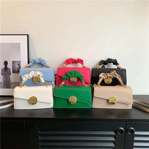 Fashion Women PU Leather Shoulder Bag With Cloud Pleated Handle Gold Round Buckle Crossbody Square Bag