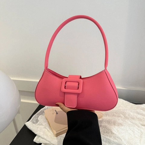 Women Baguette Bag PU Leather Underarm Shoulder Purse Solid Color Square Buckle Korean Minimalist Elegant Small Handbag
