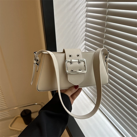 Retro PU Leather Baguette Bag Women Minimalist Underarm Shoulder Bag With Large Silver Buckle Rectangular Fashion
