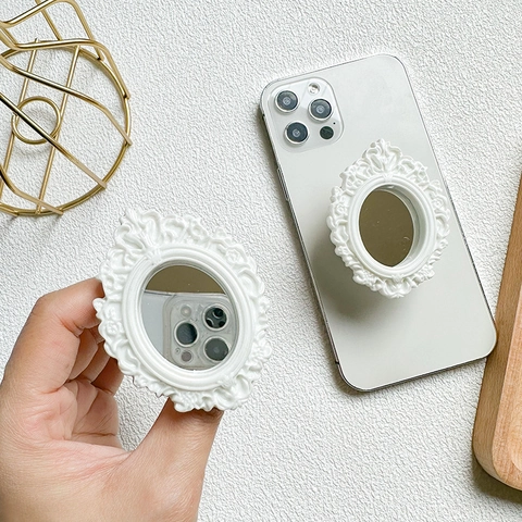 Handyhalterung Mit Schminkspiegel Barock Geprägt Vintage Ästhetik Ausziehbarer Fingerhalter Für Smartphone