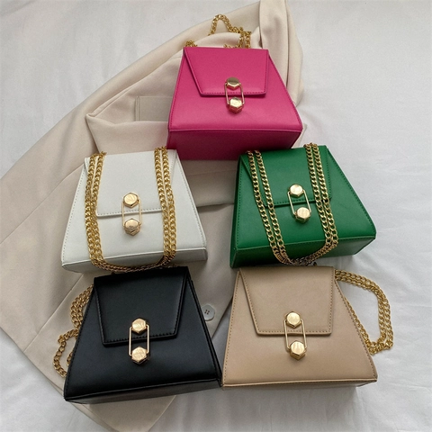 Trapezoid Small Square Bag PU Leather Chain Strap Crossbody Shoulder Handbag For Women Fashion Geometric Lock Solid Color