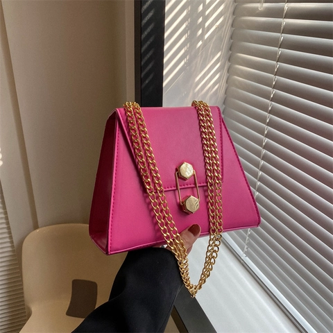 Trapezoid Small Square Bag PU Leather Chain Strap Crossbody Shoulder Handbag For Women Fashion Geometric Lock Solid Color