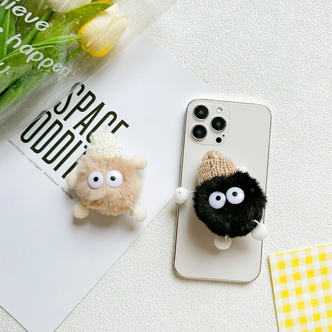 Plush Little Devil Phone Grip Air Cushion Expanding Stand Desktop Holder With Big Eyes And Mini Knit Hat Decor