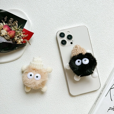 Plush Little Devil Phone Grip Air Cushion Expanding Stand Desktop Holder With Big Eyes And Mini Knit Hat Decor