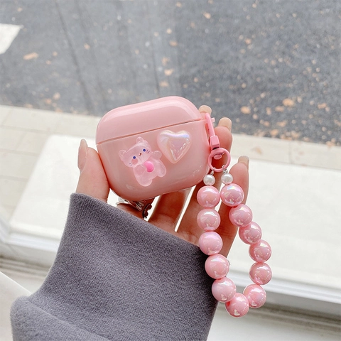 Funda De TPU Rosa Para Auriculares 3D Gatito Corazón Con Correa De Perlas Artificiales Compatible Con AirPods Pro 3 Gen Estilo Dulce