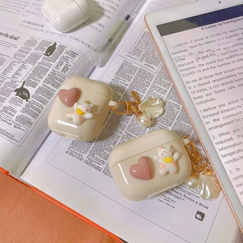 Funda Protectora De TPU Para AirPods Pro Serie Crema Corazón Rosa Gato 3D Con Colgante De Perla Artificial Y Concha