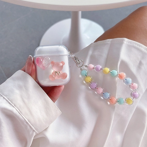 Cute Transparent TPU Earphone Case With Pink Bear Heart And Colorful Beaded Wrist Strap For Wireless Headphones