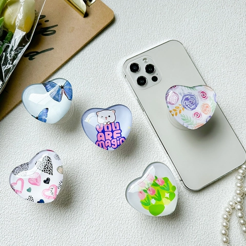 Heart Shaped Retractable Crystal Griptok Phone Holder Korean Hand Painted Floral Butterfly Pattern Grip For Smartphones