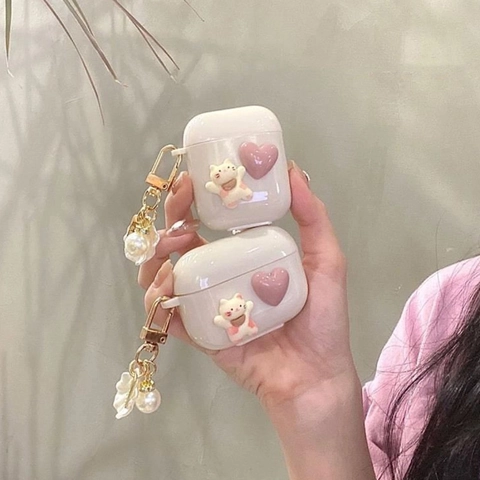 Funda Protectora De TPU Para AirPods Pro Serie Crema Corazón Rosa Gato 3D Con Colgante De Perla Artificial Y Concha