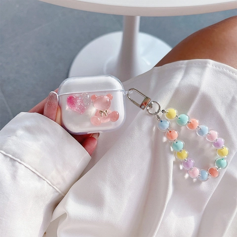 Cute Transparent TPU Earphone Case With Pink Bear Heart And Colorful Beaded Wrist Strap For Wireless Headphones