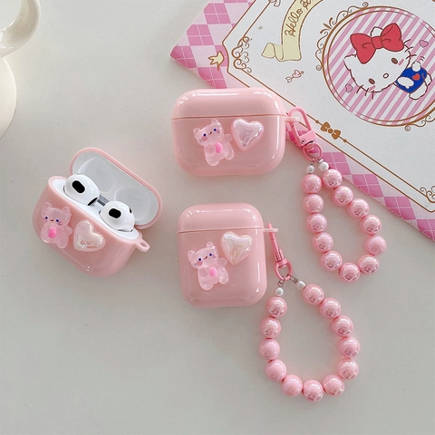 Funda De TPU Rosa Para Auriculares 3D Gatito Corazón Con Correa De Perlas Artificiales Compatible Con AirPods Pro 3 Gen Estilo Dulce