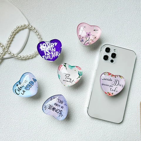 Heart Shape Collapsible Phone Grip Holder Acrylic Glossy Floral Inspirational Letter Print Mobile Desktop Stand Accessory