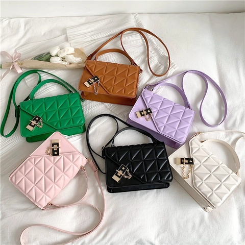 Women Quilted Shoulder Bag PU Leather Triangle Pattern Square Handbag Crossbody With Metal Lock And Chain Decor