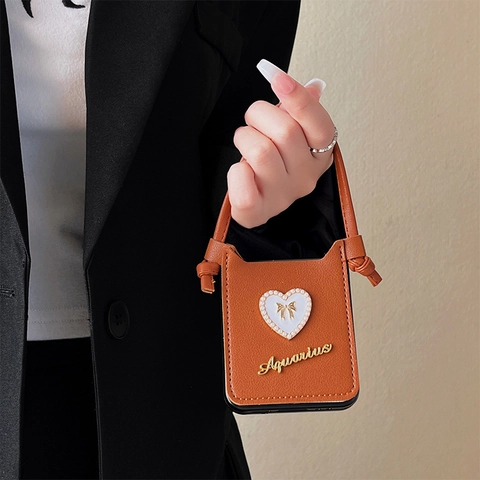 Foldable Phone Case Leather Purse Style Handheld Strap Artificial Pearl Heart Golden Bow Aquarius Zodiac Luxury Chic For Women