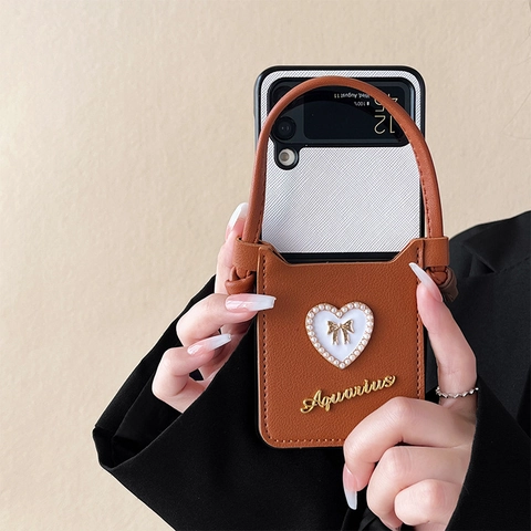 Foldable Phone Case Leather Purse Style Handheld Strap Artificial Pearl Heart Golden Bow Aquarius Zodiac Luxury Chic For Women